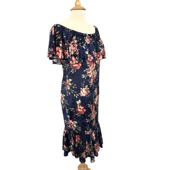 LuLaRoe Cici Crushed Velvet Midi Dress Sz M Navy Floral Off Shoulder Ruffle NWT - Picture 3 of 15